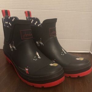 Joules Womens Wellibob Short Rubber Rain Boots Boots Navy Red Soles Dogs Size 9
